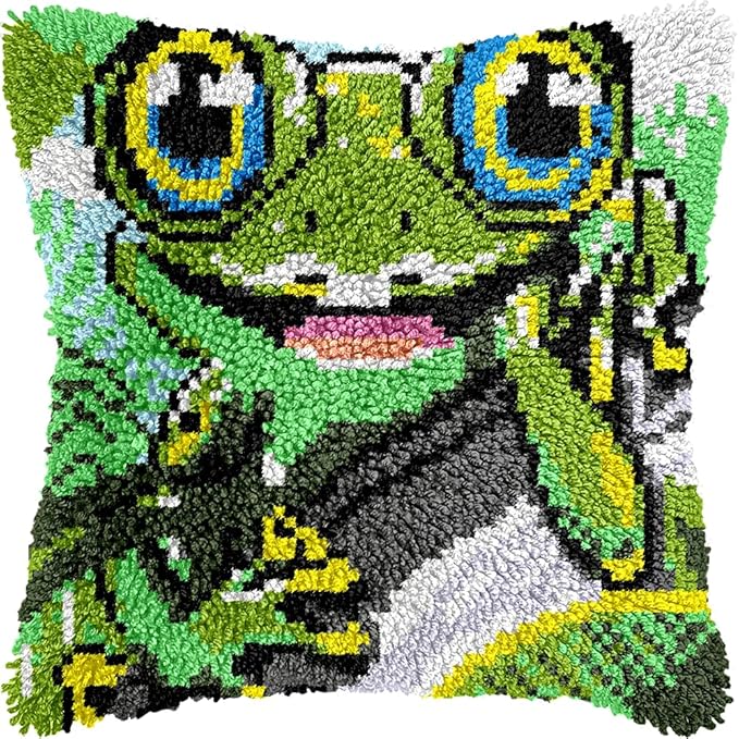 veirousa Naughty Frog Latch Hook Kits for Adults, Beginners DIY Crochet Pillow Kit Pre-Printed Pillowcase Hook and Latch Rug Kits Needlework Cushion Cover for Home Sofa Decoration 17x17 inch