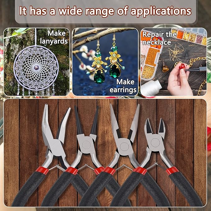 4Pcs Jewelry Pliers Set Jewelry Making Pliers Tools Kit Include Jewelry Making Needle Nose Chain Nose Round Bent Pliers Wire Cutter for Bracelet Beading Craft Jewelry Making Supplies (Black)