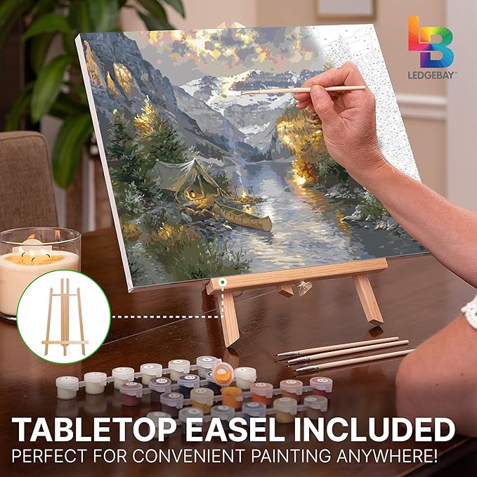 Ledgebay DIY Paint by Numbers Kit for Adults Framed Canvas: Beginner to Advanced Paint by Numbers Kit, Kits Include Acrylic Paint Set Brushes & Tabletop Easel (Rocky Mountain Campsite 12"x16" Framed)