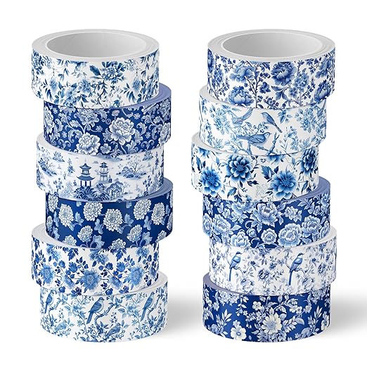 12 Rolls Blue Floral Washi Tape Chinoiserie Flower Bird Decorative Masking Tape Set Blue White Wrapping Paper Tape for Scrapbook Journal DIY Art Crafts
