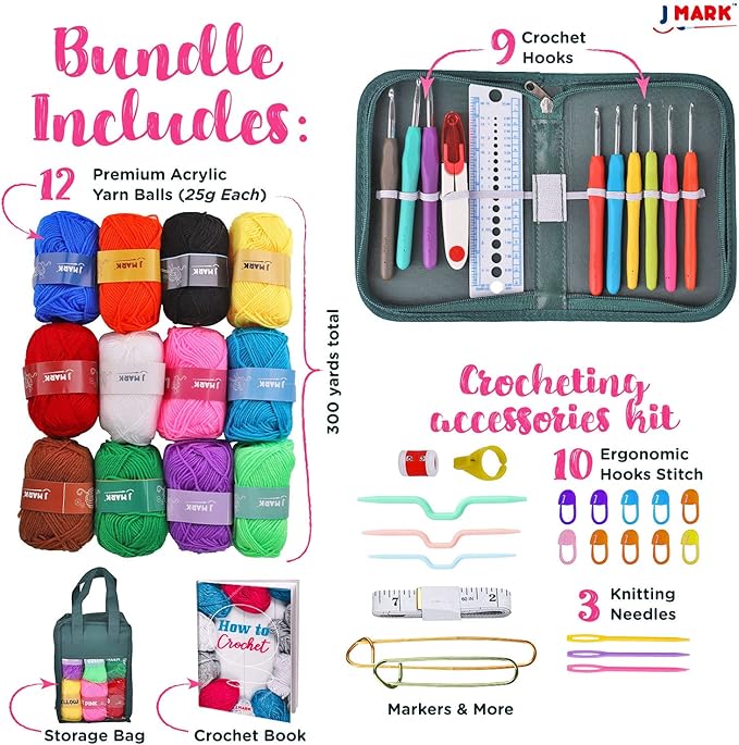 J MARK Acrylic Crochet Kit for Beginners – Premium Crochet Starter Kit for Adults Bundle