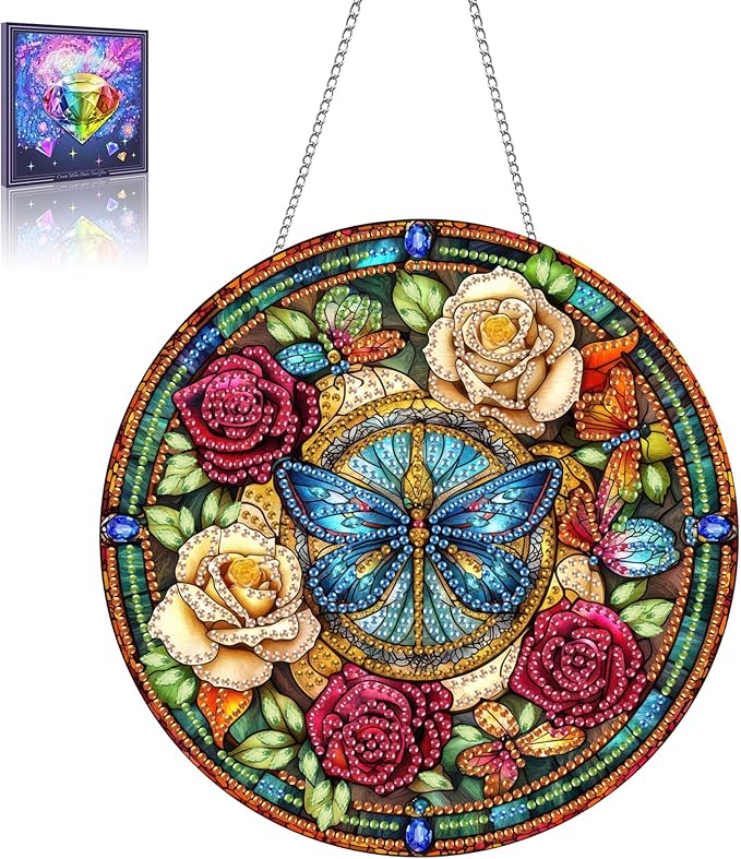 Wergund 5D DIY Butterfly Diamond Art Hanging Kits, Hanging Diamond Art Rose, Acrylic Special Shaped Rhinestone, Window Hanging Pendants for Home Wall Garden Front Door Outdoor Decor Gift(Butterfly)