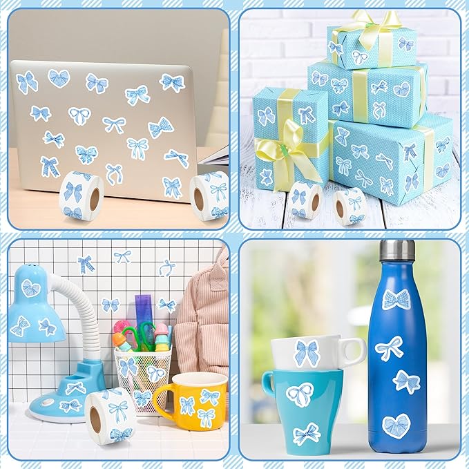 beyumi blue bows sticker roll - 1000pcs coquette blue bow stickers in 2 rolls waterproof vinyl girly aesthetic bowknot decal for gift laptop bottle scrapbooking luggage computer envelope decor for kid