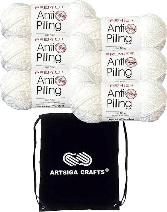 Premier Yarns Everyday Anti-Pilling Solid Snow White DN100-1 (6-Skeins - Same Dye Lot) #4 Worsted Weight Acrylic Yarn for Crocheting and Knitting with Project Bag