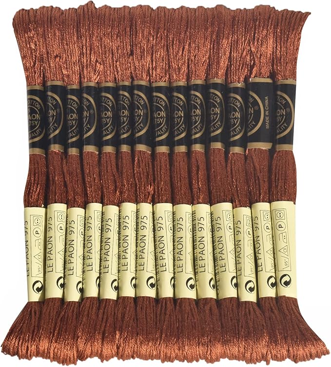 LE PAON Embroidery Floss, 14-Pack Six Strands 100% Long Staple Cotton Embroidery Thread, 8.7-Yard，Color Number：975, Dark Golden Brown