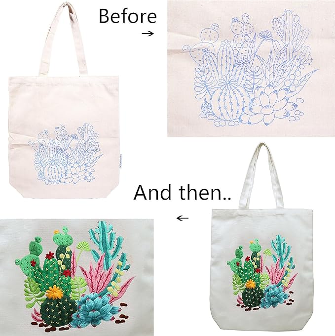 CREAWONDER Canvas Tote Bag Embroidery Kit with Pattern for Beginners, Arts and DIY Embroidery Crafts Kits for Adults, Include Instructions, Thimble, Embroidery Hoops, Color Threads and Tool