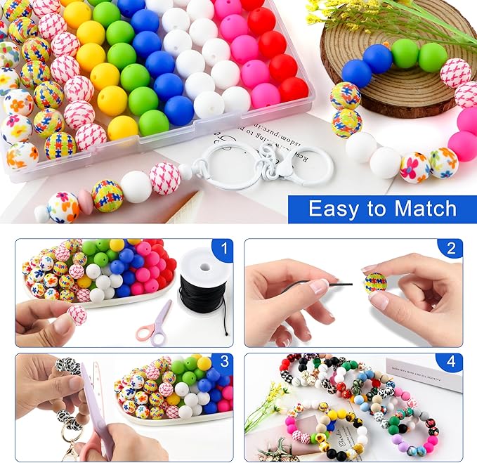 70Pcs Print Silicone Beads for Keychain Making,Round 15mm Silicone Beads for Pens, Necklace and Bracelets Making（Medical Print）
