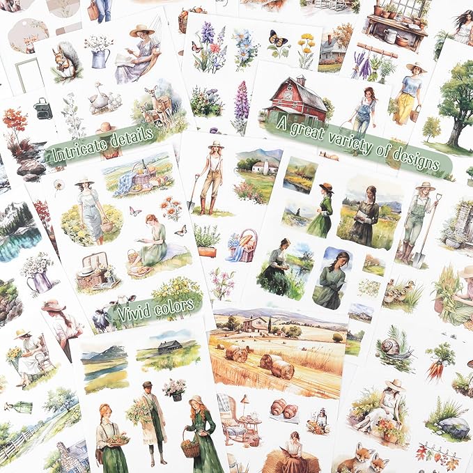 Dizdkizd Countryside Scrapbook Sticker, 179 Die Cuts PET and Paper Journaling Sticker Kit, Cottagecore Aesthetic Stickers for Bullet Journals, Planners, Collage
