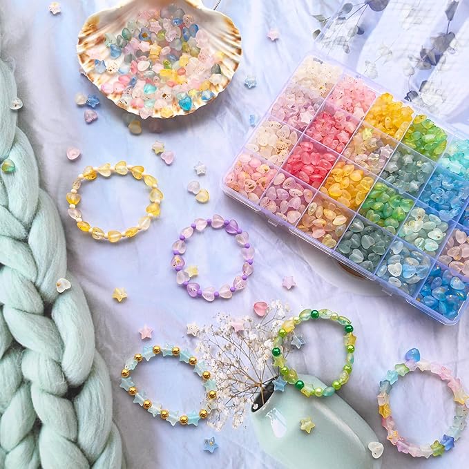 1000Pcs Matte Acrylic Star Beads Hart Beads for Jewelry Making Frosted Gold Foil Acrylic Beads Pastel Beads Colorful Assorted Bead Cute Aesthetic Kawaii Bead for Bracelet DIY Craft Earring Phone Charm