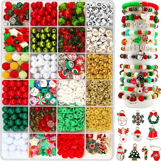 1456Pcs Christmas Bracelet Making Kit, Christmas Beads Charms for Jewelry Making Red Green Clay Beads Pearl Beads Star Round Crystal Bead Snowflake Santa Xmas Tree Pendants for Necklace Earrings Craft