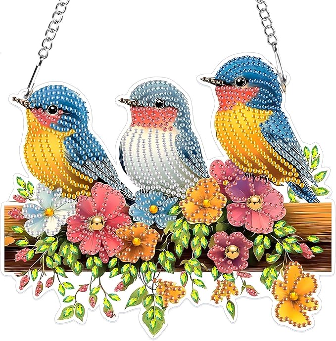 MXJSUA Special Shaped Hanging Diamond Painting Art Kits for Adults, Birds Flowers Fence 3D Crystal Rhinestone Acrylic Gem Art Pendant Ornaments Kit for Home Decoration and Gift