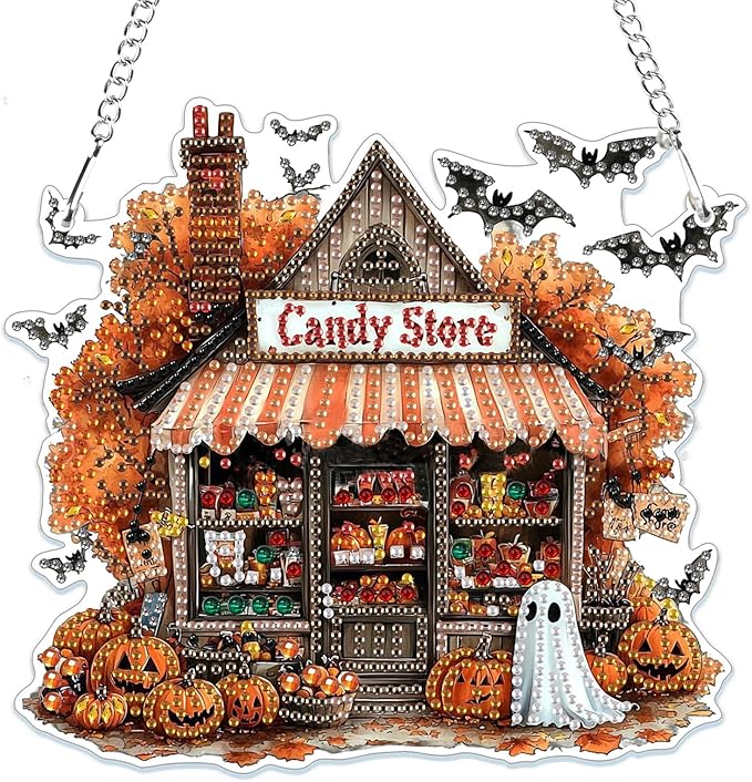 MOGTAA Halloween Diamond Art Hanging Pendant Kits, Fall Pumpkin Diamond Art Kits for Adults, 5D Special Shape Diamond Painting Candy Store Gem Art for Home Wall Decor