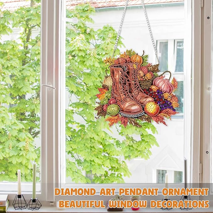 RICUVED Diamond Art Hanging Kit for Adult, Autumn Special Shaped Crystal Gem Craft Diamond Painting Pendant Kit for Adults Beginners, Boots DIY Hanging Diamond Art Ornament Kit for Home Garden