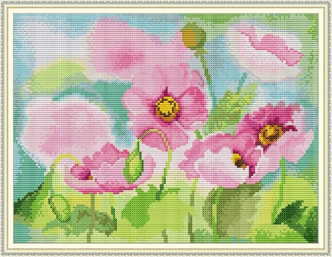 CaptainCrafts Cross Stitch Kits, Counted Cross Stitch Unprinted Fabric Cross Stitching DIY Art DMC Needlecrafts Embroidery Kit for Adults Beginner (White, Poppies Flowers)