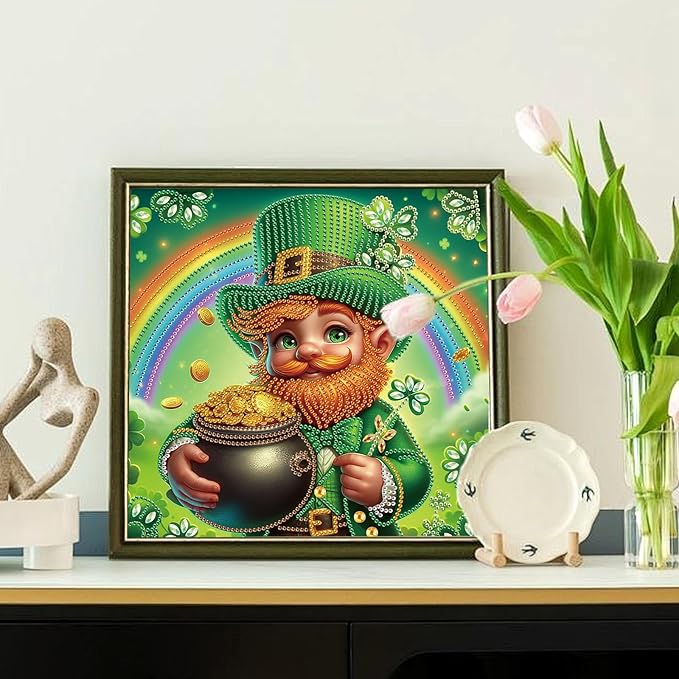 MVVMTOP Diamond Painting Kit St Patrick’s Day Dwarf and Rainbow Shamrock Lucky Coins Special Shaped 5D Partial Crystal Diamond Art DIY Wall Decor Gift