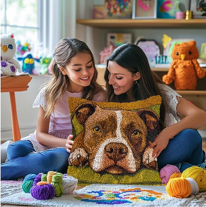 DIY Latch Hook Pillow Kits for Adults Cartoon Pitbull Dog on Sofa Printed Pillowcase Crochet Yarns Hooking Handmade Pillow Cover Cushion for Home Sofa Decoration 17x17inch-4