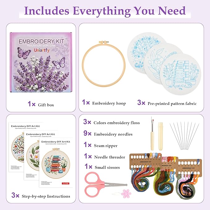 3 Sets Embroidery Kit for Beginners with Stitch Video, Flower Butterfly Tree Books Cross Stitch Kits for Adults, Needle Point Kits with Stamped Pattern, Hoop, Needles, Tools, DIY Arts and Crafts