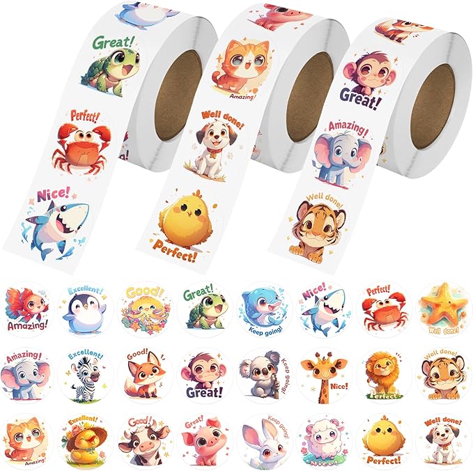 jixzen 1.5 inch animal stickers for kids, 3 rolls 1500 pcs cute stickers for toddlers 2-4 years, 24 designs farm/ocean/wild motivational sticker for potty training rewards, classroom teacher supplies