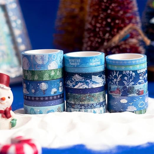 YUBX Winter Washi Tape Set 19 Rolls Skinny Snow Embellishment Blue Silver Foil Decorative Masking Tapes for Arts, DIY Crafts, Journals, Planners, Scrapbook, Wrapping