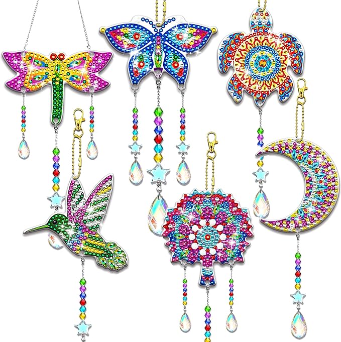 6 Pcs Diamond Painting Suncatchers Double Sided Diamond Art Suncatcher Mandala 5D DIY Diamond Painting Wind Chimes Paint by Number Diamond Art Kits for Adults Hanging Ornaments