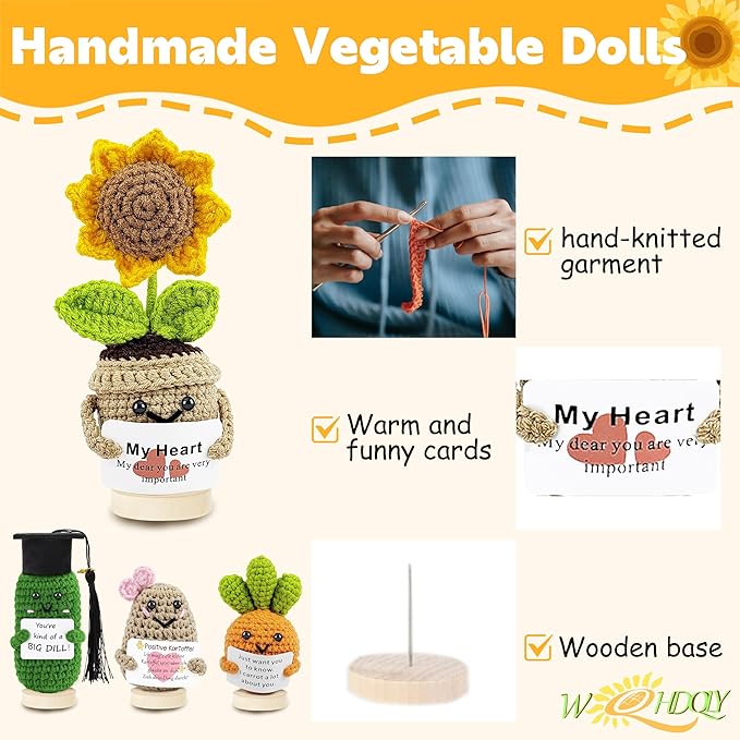 Crochet Potato Bag and Emotional Support Vegetable Bag Combination with Base. Handmade Crochet Cute Vegetables, Perfect for Offices, Universities, Colleagues, Friends, New Year (4PCS)