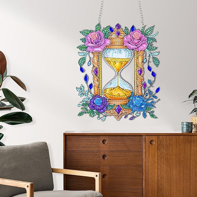 Reofrey Hanging Diamond Art Kits for Adults– 8x8 Inch Hourglass Acrylic Board Double Sided Pattern Diamond Painting Suncatcher Pendant, DIY Crystal Art for Home Wall or Window Decoration Handmade Gift