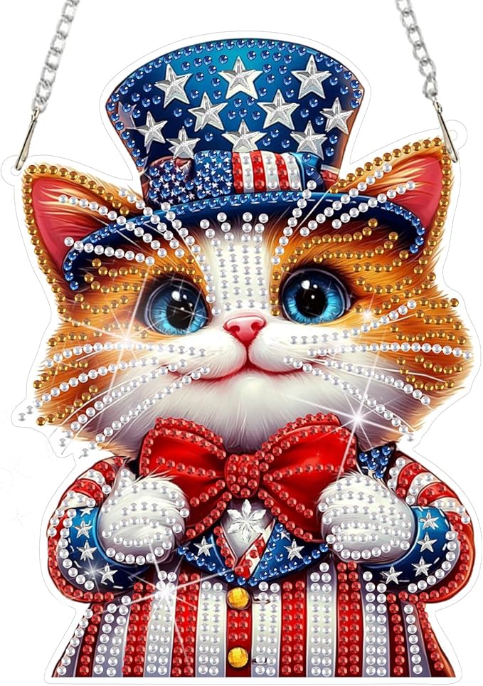 DOMROM 4TH of July Diamond Art Hanging Kit for Adult, Cat Diamond Art Hanging Kit, Patriotic DIY Diamond Art, Independence Day Diamond Hanging Pendant, Window Pendants Garden Wall Hanging Ornament