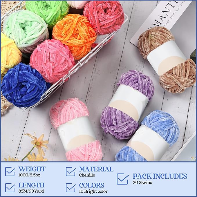 Xinnun 12 Skeins 1116 Yards Chenille Velvet Soft Thick Plush Yarn Bulk for Crocheting Knitting Blanket DIY Weaving Craft, 6mm, 3.5 Oz/Skein(Fresh Color)