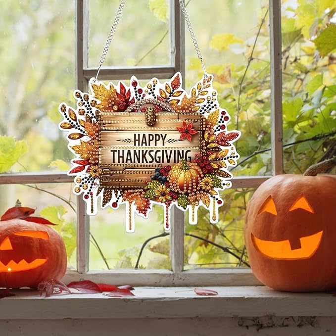 Bowetile Happy Thanksgiving Diamond Art Hanging Kits for Adults, Fall Diamond Art Suncatchers, 5D Special Shape Diamond Painting Pendant Window Ornament Gifts for Home Garden Door Wall Decor
