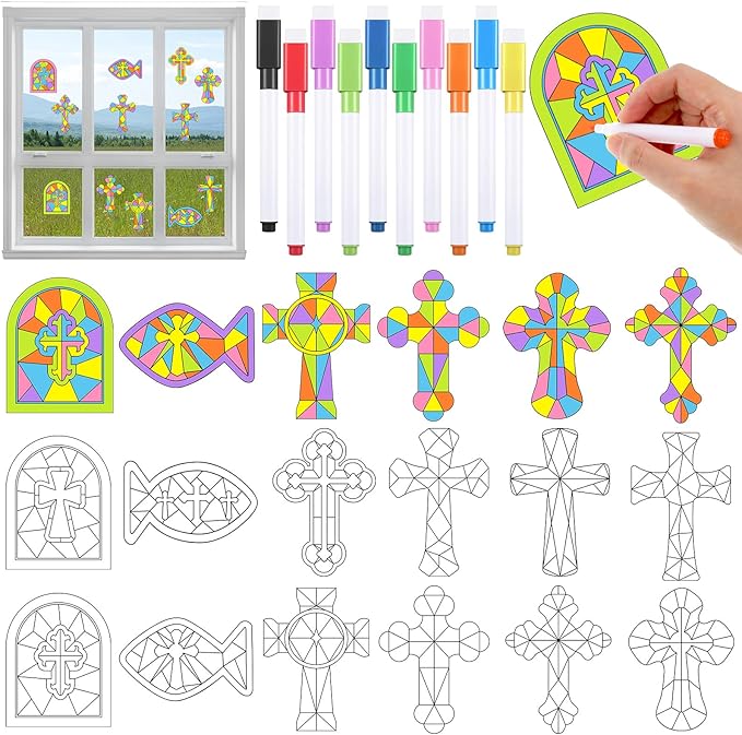 Frienda 36 Pcs Easter Cross Window Suncatchers Crafts Kit Christian DIY Window Clings Stickers Religious Arts Crafts with 10 Markers for Home Activities Decor