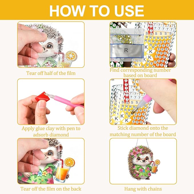 CEOVR Hedgehog Hanging Diamond Art, Cartoon Hedgehog Diamond Painting Pendant for Adults DIY Gem Art Wall Ornament, Acrylic Home Garden Decor with Chain, Box Kit 7.28×7.87inch
