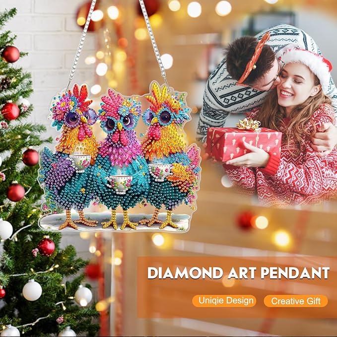 NEWENMO Diamond Art Hanging Kit for Adult, Funny Chicken, DIY Double Sided Acrylic Special Shaped Diamond Art Painting Window Pendant Cute Rooster, Home Garden Wall Hanging Ornament Kits