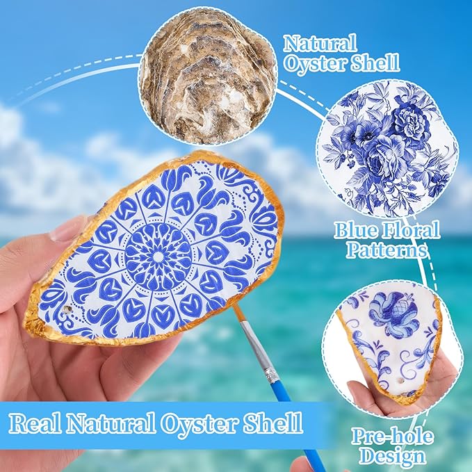 APUDWN 16 Set Natural Oyster Shells for Crafts 4-5 Inch Flat Oyster Shell Kits with Holes Drilled Includes Floral Chinoiserie Decoupage Napkins Glue Paints Twine Brushs for DIY Arts Hanging Ornaments