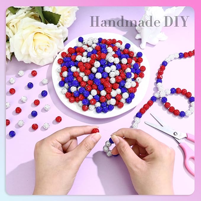 Dowarm 255PCS 10mm Rhinestone Beads for Baseball Rhinestone Necklace Bracelet Jewelry Making, Round Polymer Clay Beads for Crafts Beaded Pens, DIY Shamballa Pave Disco Diamond Bead, White|Red|Blue