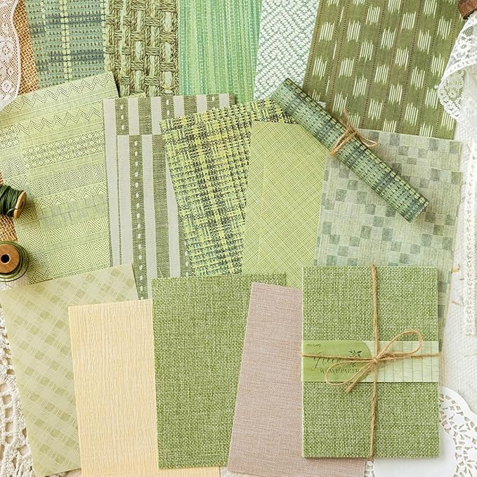 24 Sheets Vintage Linen Scrapbook Paper Embossed Textured Paper Kit Collage Supplies for Decoupage Crafts Scrapbooking Card Making Bulletin Board Junk Journalling Embellishment (Green)