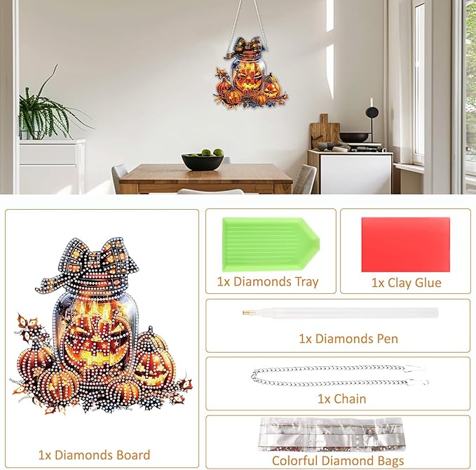 SENQAO Halloween Diamond Art Hanging Kits for Adults Beginners, DIY Acrylic 5D Special Shaped Crystal Diamond Gem Art Painting Hanging Ornament for Home Wall Decor and Gift（Pumpkin Bottle Lantern）