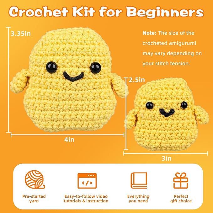 WaldyWop Crochet Kit for Beginners: 2 PCS Easy Complete Knitting Kit with Step by Step Video & Written Tutorials, Soft Yarns (Extra 40%), Hook - Birthday Gift Set for Women (Chicken Nuggets)