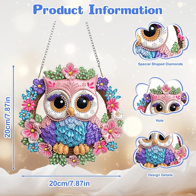 AIRDEA Hanging Diamond Painting Kits Owl,Special Shaped Diamond Art Kits for Beginner Bird and Wreath Gem Art Pendant Decor,7.87x7.87in