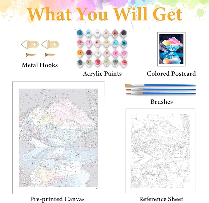 Paint by Numbers Kit for Adults Beginner Snow Mountain, Adult Paint by Number Kits on Canvas, Lake Landscape DIY Acrylic Oil Painting by Numbers for Adults, Perfect for Home Wall Decor 16X20 Inch