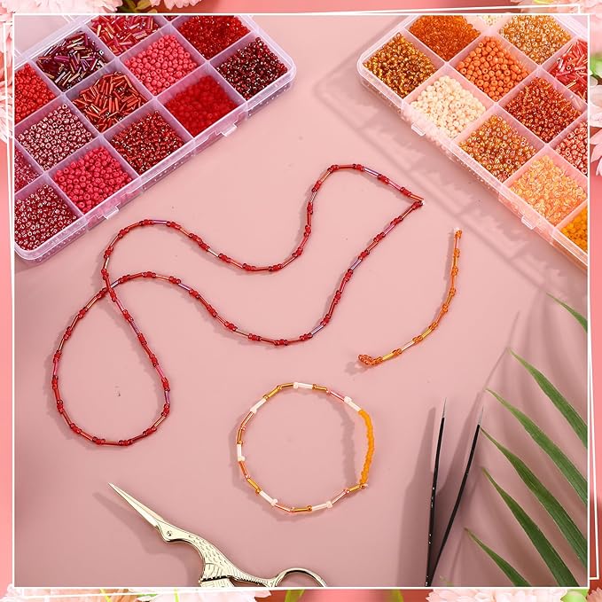 Misdary 30 Colors Glass Seed and Tube Bugle Beads Kit 2 Organizer Boxes Loose Beads for Jewelry Making DIY Crafts Bracelets and Necklaces(Red and Orange)