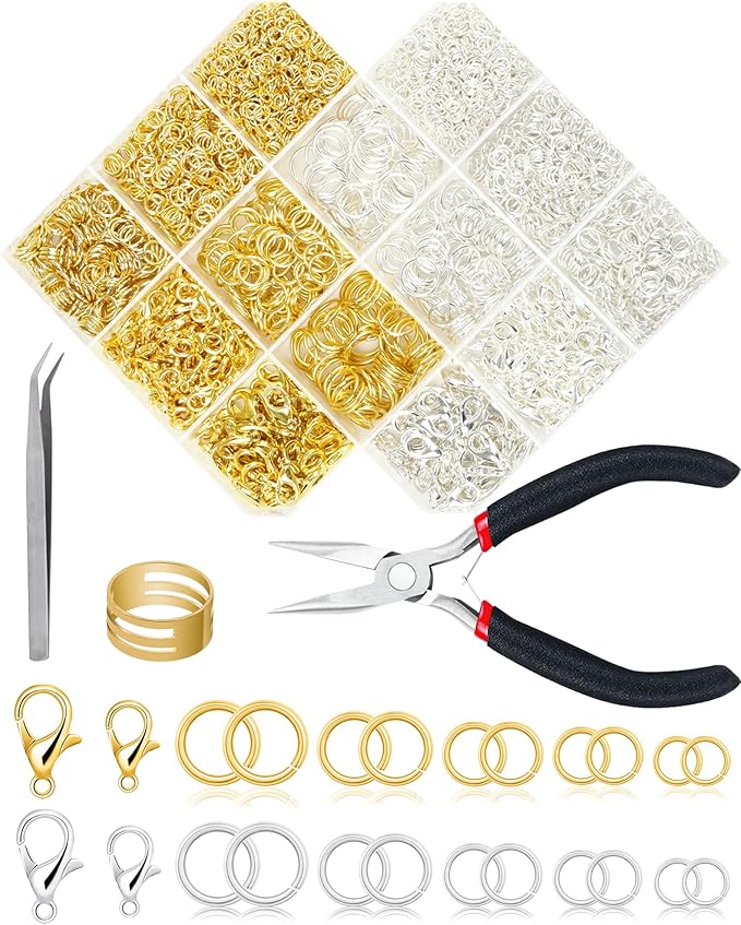 FIVEIZERO 2400PCS Jump Rings Kit for Jewelry Making Supplies & Necklace Repair with Silver & Gold Jump Rings, Lobster Clasps, Pliers, Tweezer & Opener, Jewelry Repair Kit for Earrings and Charms ﻿