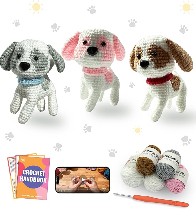 PAITIN Crochet Kit for Beginners – DIY Dog Crochet Craft Project, Easy Handmade Yarn Art Kit for Adults with Step-by-Step Video Tutorial