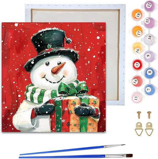 Reofrey Framed Paint by Numbers Kit for Adults & Beginner - 8x8 Inch Canvas Christmas Paint by Numbers - Snowman Educational & Creative Art Set for Beginners - Perfect for Home or Wall Decoration