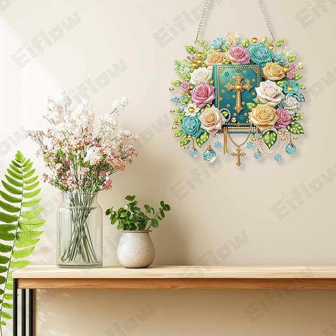 Eiflow Diamond Art Hanging Kit for Adults Religious, DIY Diamonds Painting Door Hanger Board Kit, Special Crystal Diamond Art Painting Pendant Ornament (The Bible)
