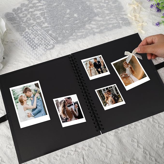 12 x 12 Inch Letters to The Bride Scrapbook Wedding Scrap Book Letters To The Bride Book Bridal DIY Blank Paper Scrapbook Photo Album with Pearl Stickers, Metallic Letters, Bows(Black)