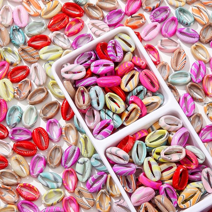 200pcs Acrylic Shell Beads Color Shell Bead Ocean Sea Theme Beads Summer Hawaii Beaded for Jewelry Making Beading Kit Bracelets DIY Supplies (Color line Shell)