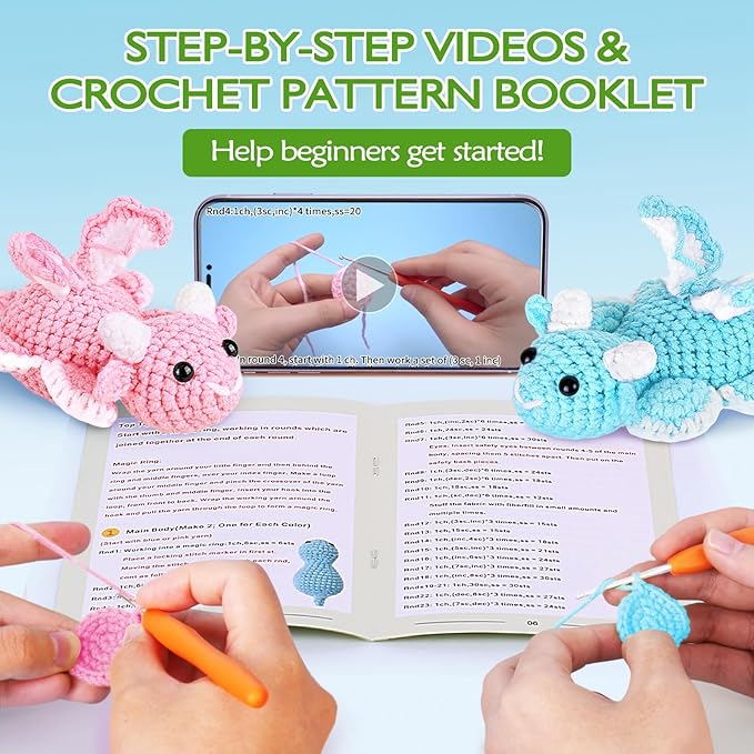 Crochet Kit for Beginners, Beginner Crochet Kit for Adults with Step-by-Step Video Tutorials, DIY Crochet Animal Kits Knitting Supplies, 2 Pack Dragon (40%+ Yarn)
