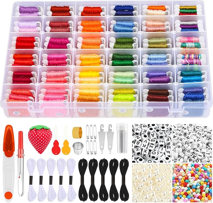 PAXCOO 985Pcs String Bracelet Making Kit, Friendship Bracelet String Kit with 110 Skeins Embroidery Floss Cross Stitch Thread, 830 Beads for Friendship Bracelet Making, 45Pcs Embroidery Tools