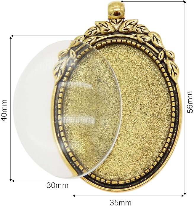 Julie Wang 10 Sets Oval Antiqued Gold Color Blank Photo Setting Bezel Tray Pendant with Clear Glass Cabochons for Necklace Jewelry Making Charms Resin Crafts DIY Supplies