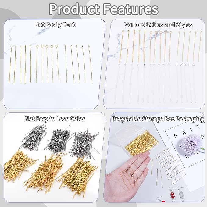 200 Pcs 50mm Straight Ball Pins for Craft Earring Bracelet Necklace Pendant DIY Jewelry Making, Silver & Gold Color